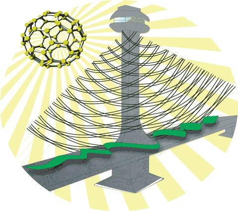 Logotipo do PPGF: fulereno C60 e estrutura em torre